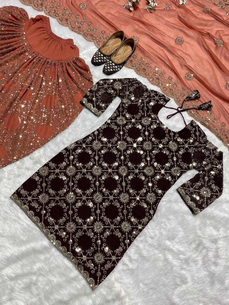Shafnufab Women's Georgette Stitched Punjabi Patiala Suit With Dupatta (XL Size) In Brown Colour SF201406