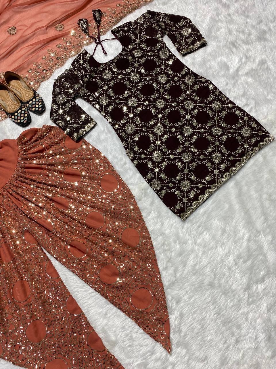 Shafnufab Women's Georgette Stitched Punjabi Patiala Suit With Dupatta (XL Size) In Brown Colour SF201406