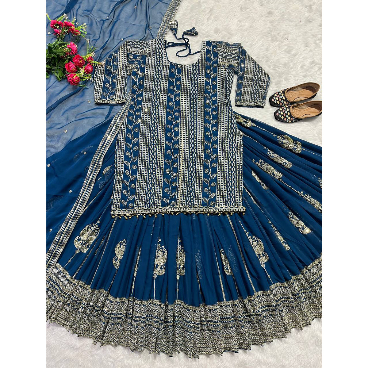 SHAFNUFAB Women's Georgette Ethnic Wear for Women Stitched Sharara Salwar Suit SF201410 Diwali Outfit Bridal Blue Colour Indian Casual Wear Salwar Suit IN Eid