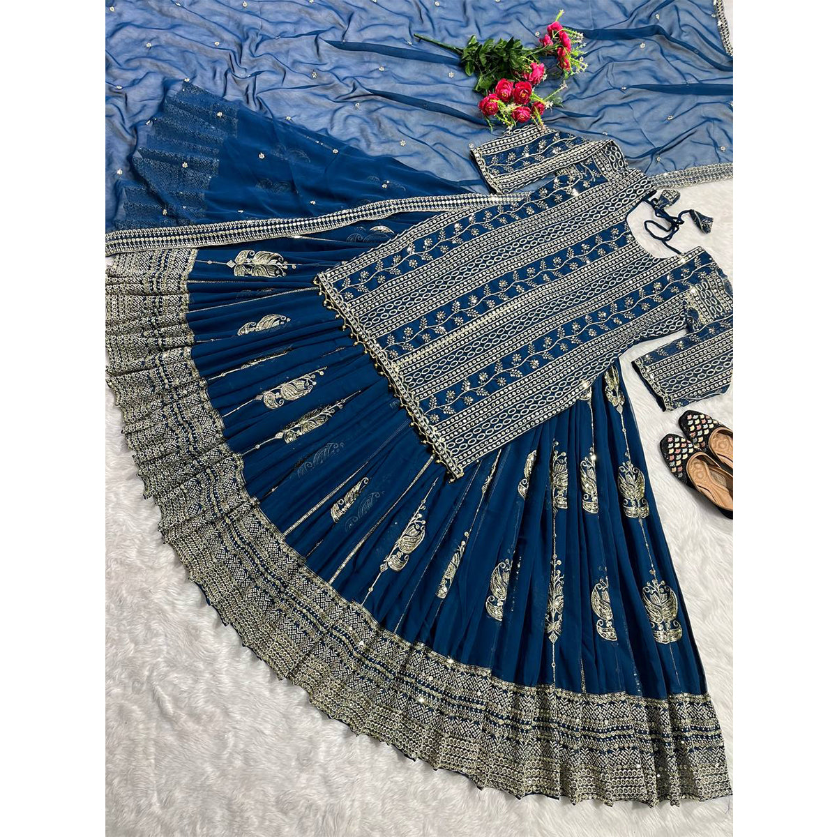 SHAFNUFAB Women's Georgette Ethnic Wear for Women Stitched Sharara Salwar Suit SF201410 Diwali Outfit Bridal Blue Colour Indian Casual Wear Salwar Suit IN Eid