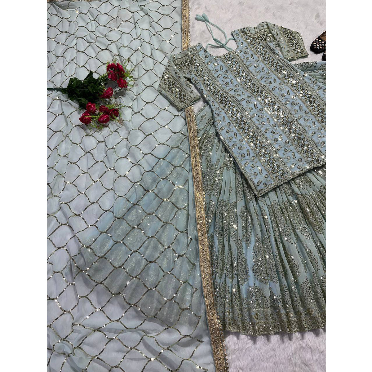 Shafnufab Women's Georgette Stitched Lehenga Suit(XL Size) In Silver Colour SF201411
