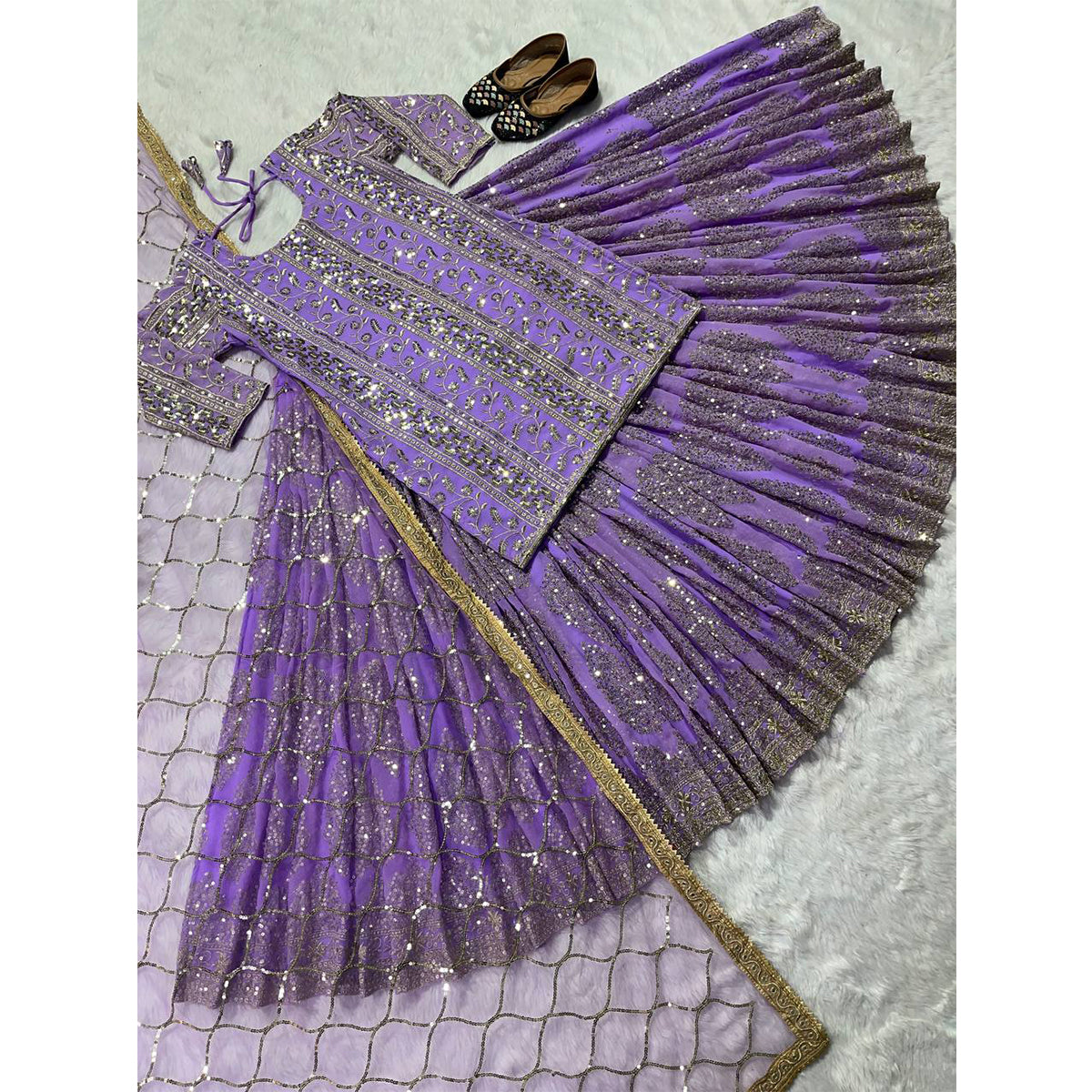 Shafnufab Women's Georgette Stitched Lehenga Suit(XL Size) In Purple Colour SF201412
