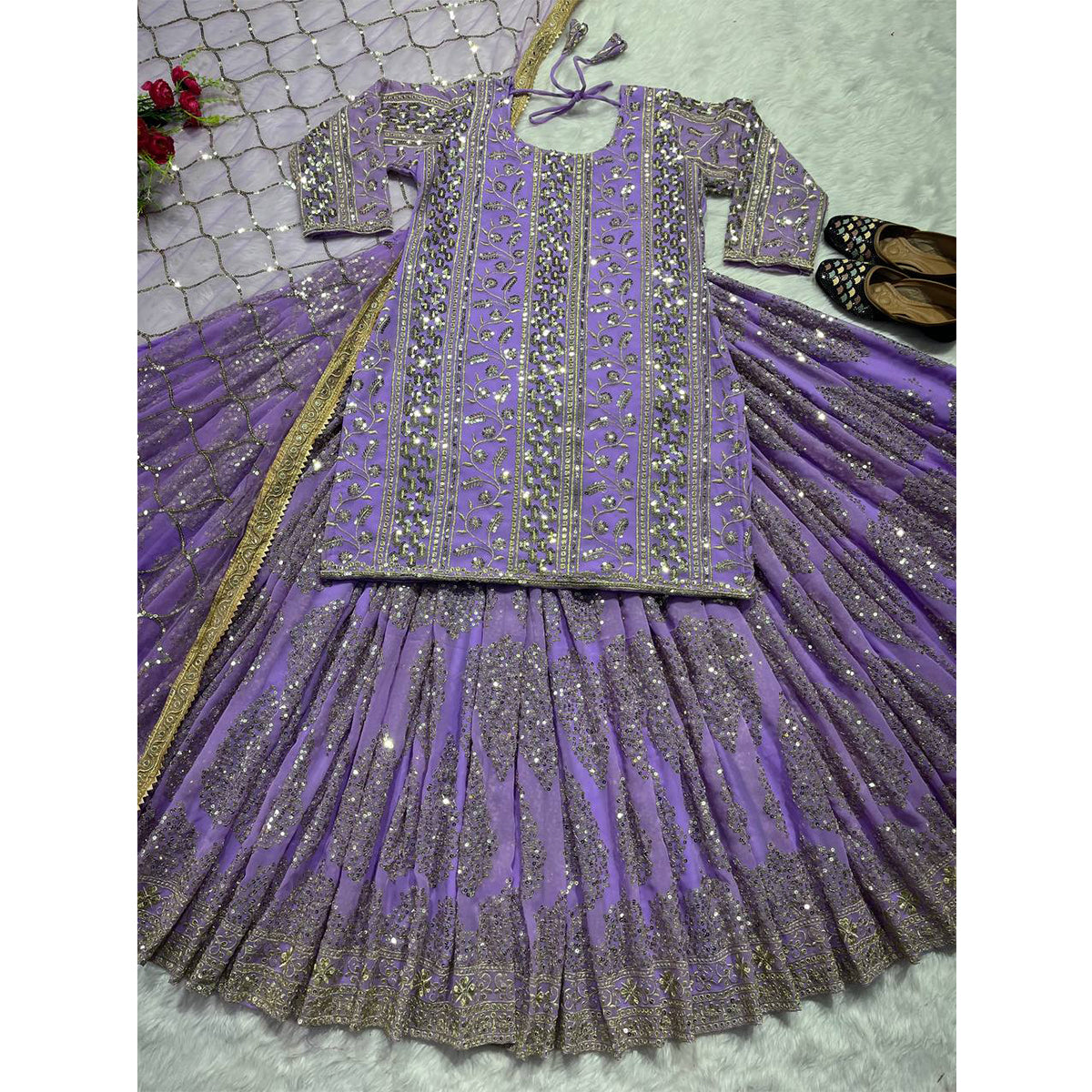 Shafnufab Women's Georgette Stitched Lehenga Suit(XL Size) In Purple Colour SF201412