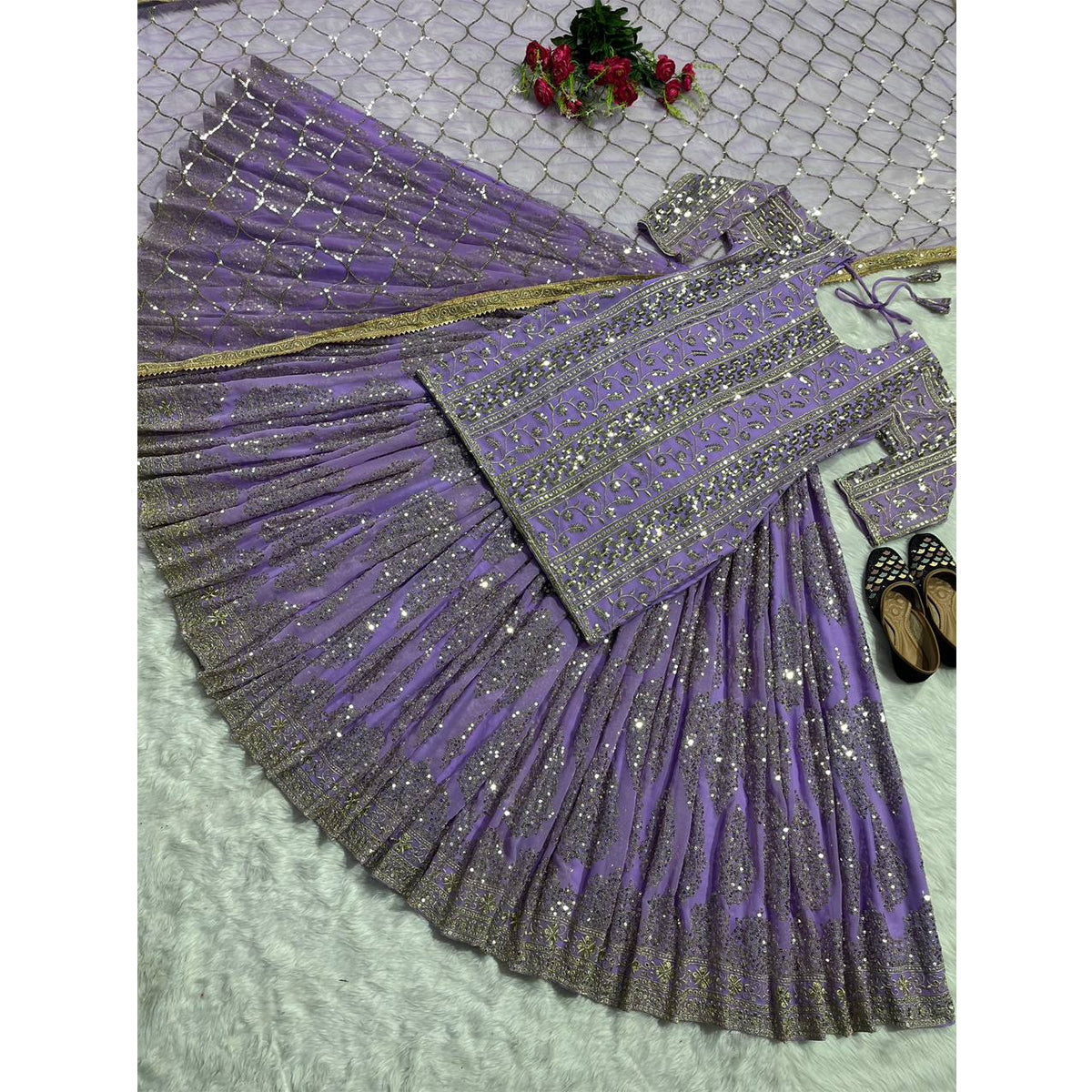 Shafnufab Women's Georgette Stitched Lehenga Suit(XL Size) In Purple Colour SF201412