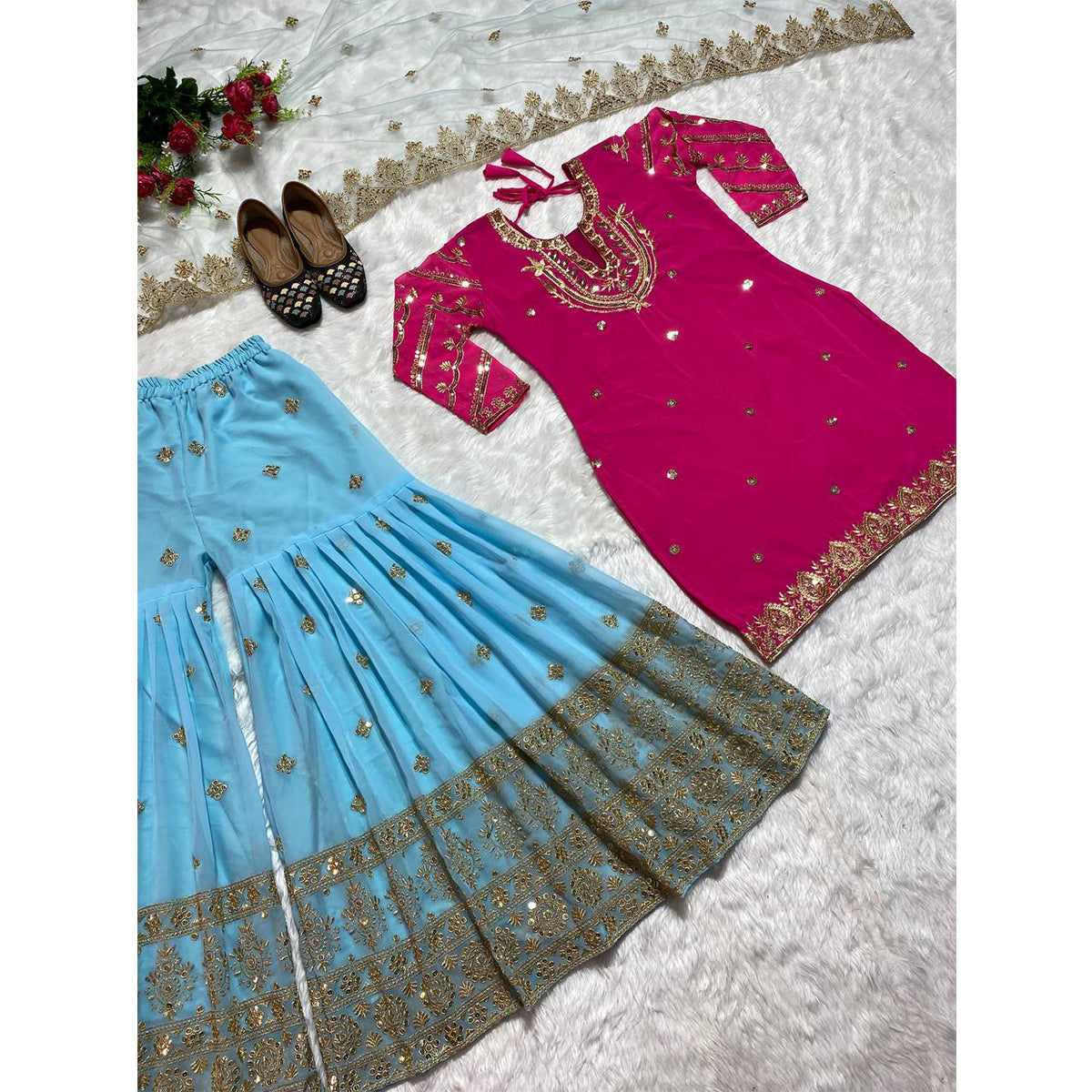 Shafnufab Women's Georgette Stitched Dhoti Suit(XL Size) In Pink Colour SF201414