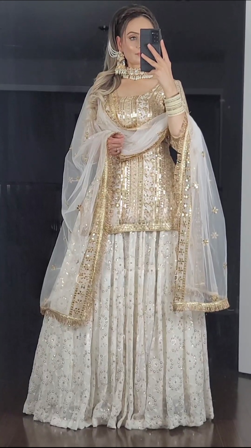 SHAFNUFAB Women's Georgette Ethnic Wear for Women Stitched Sharara Salwar Suit SF201417 Diwali Outfit Bridal White Colour Indian Casual Wear Salwar Suit IN Eid