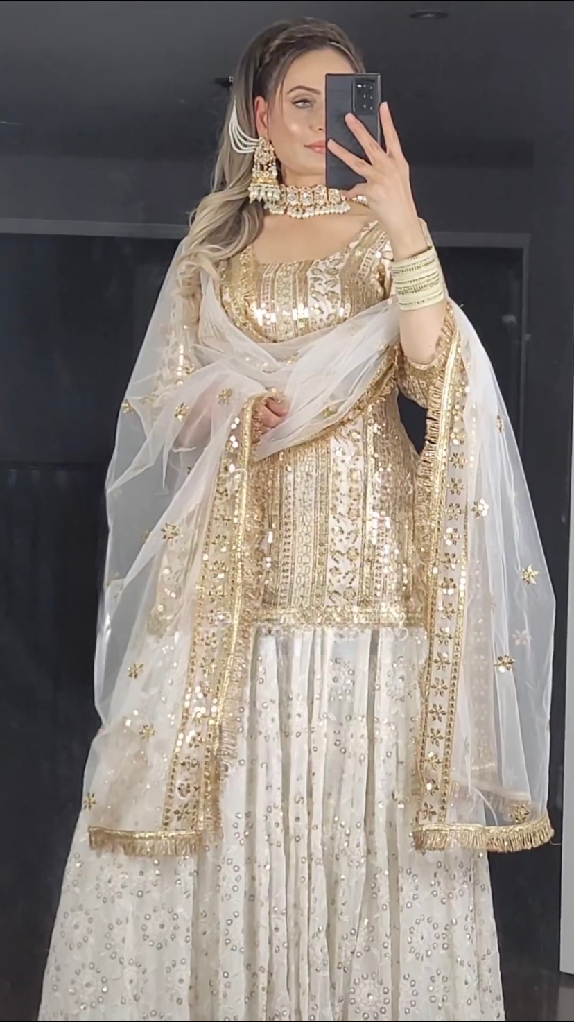 SHAFNUFAB Women's Georgette Ethnic Wear for Women Stitched Sharara Salwar Suit SF201417 Diwali Outfit Bridal White Colour Indian Casual Wear Salwar Suit IN Eid