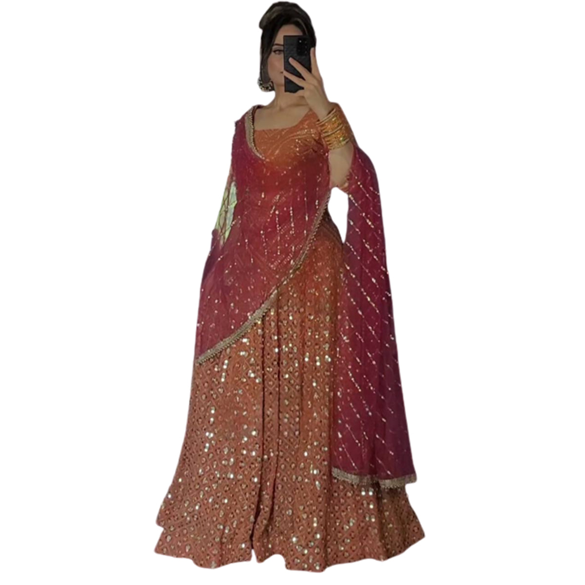 Shafnufab Women's Georgette Stitched Lehenga Suit(XL Size) In Orange Colour SF201418