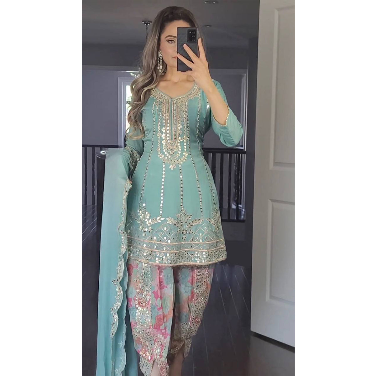Shafnufab Women's GSHAFNUFAB Women's Georgette Ethnic Wear for Women Stitched Dhoti Salwar Suit SF201421 Diwali Outfit Bridal Light Blue Colour Indian Casual Wear Salwar Suit IN Eideorgette Stitched Dhoti Suit(XL Size) In Light Blue Colour SF201421