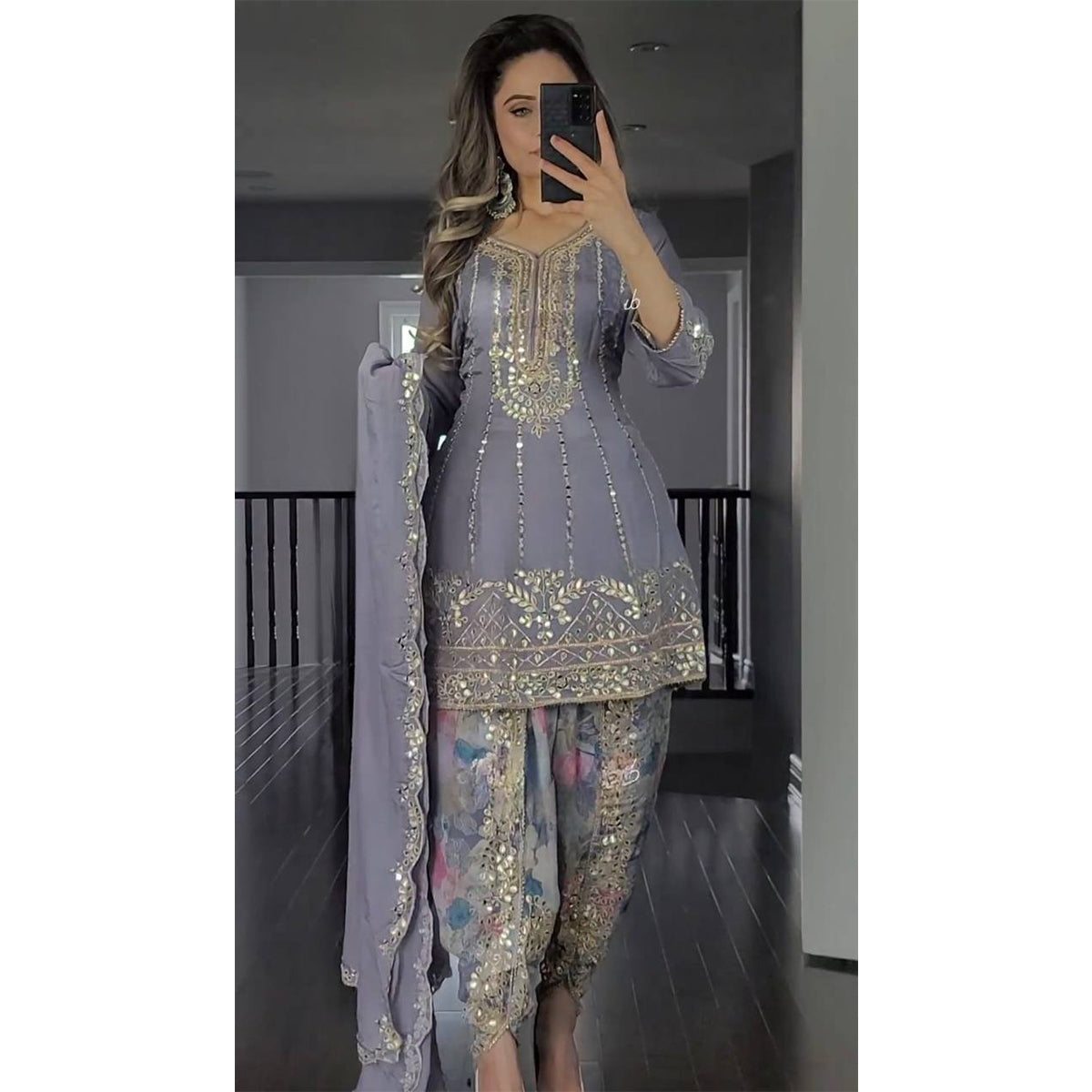 SHAFNUFAB Women's Georgette Ethnic Wear for Women Stitched Dhoti Salwar Suit SF201422 Diwali Outfit Bridal Grey Colour Indian Casual Wear Salwar Suit IN Eid