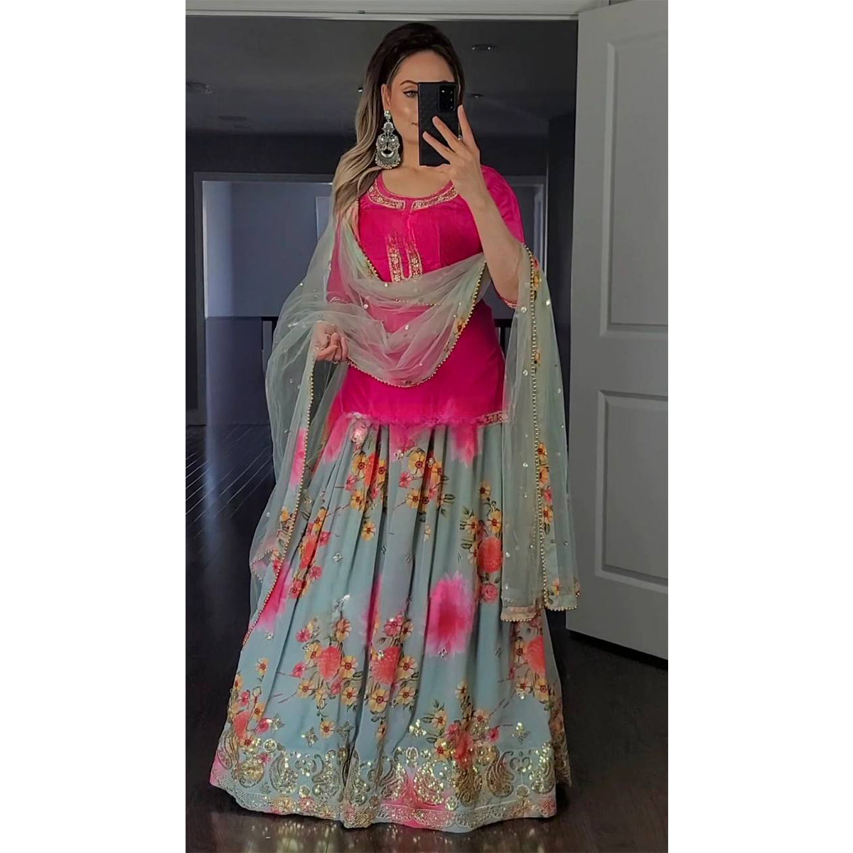 SHAFNUFAB Women's Georgette Ethnic Wear for Women Stitched Sharara Salwar Suit SF201424 Diwali Outfit Bridal Pink Colour Indian Casual Wear Salwar Suit IN Eid