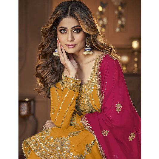 SHAFNUFAB Women's Georgette Ethnic Wear for WomenSemi StitchedSalwarSuit SF201425 Diwali Outfit Bridal Yellow Colour Indian CasualWearSalwarSuit IN Eid