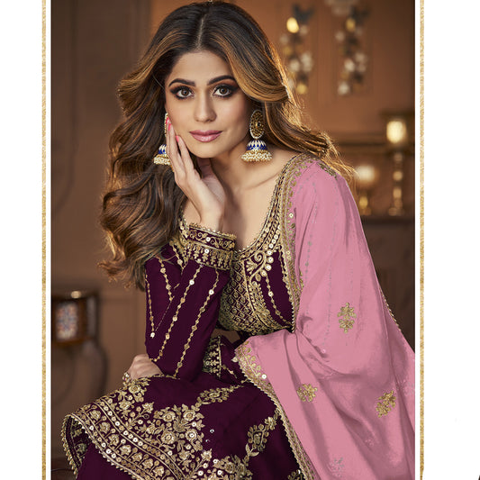 SHAFNUFAB Women's Georgette Ethnic Wear for WomenSemi StitchedSalwarSuit SF201426 Diwali Outfit Bridal Purple Colour Indian CasualWearSalwarSuit IN Eid