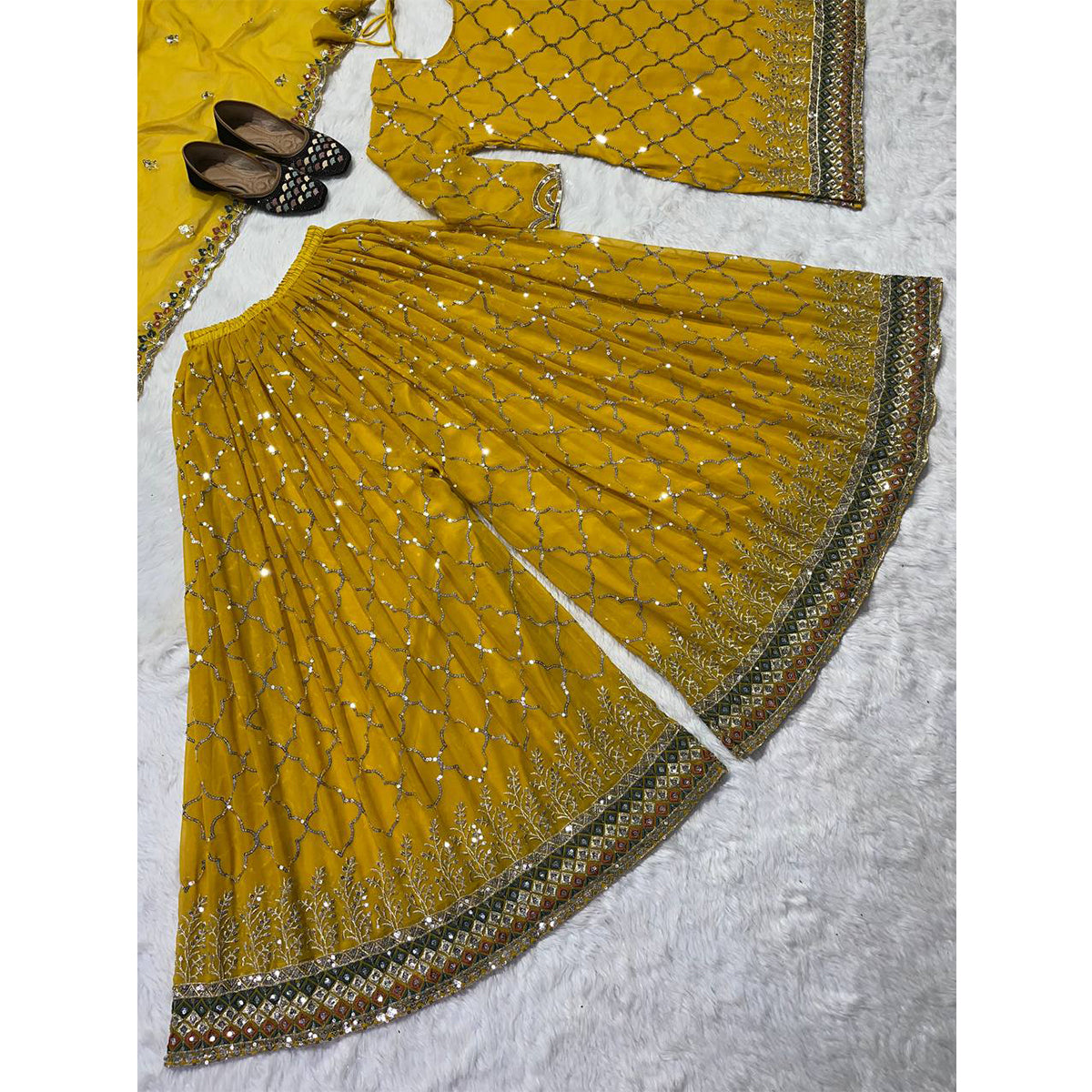 SHAFNUFAB Women's Georgette Ethnic Wear for Women Stitched Palazzo Salwar Suit SF201427 Diwali Outfit Bridal Yellow Colour Indian Casual Wear Salwar Suit IN Eid