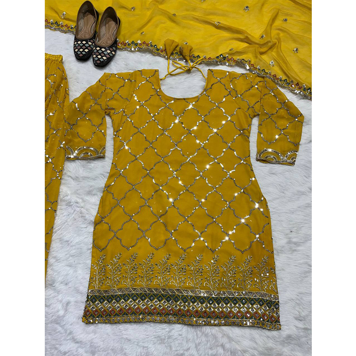 SHAFNUFAB Women's Georgette Ethnic Wear for Women Stitched Palazzo Salwar Suit SF201427 Diwali Outfit Bridal Yellow Colour Indian Casual Wear Salwar Suit IN Eid