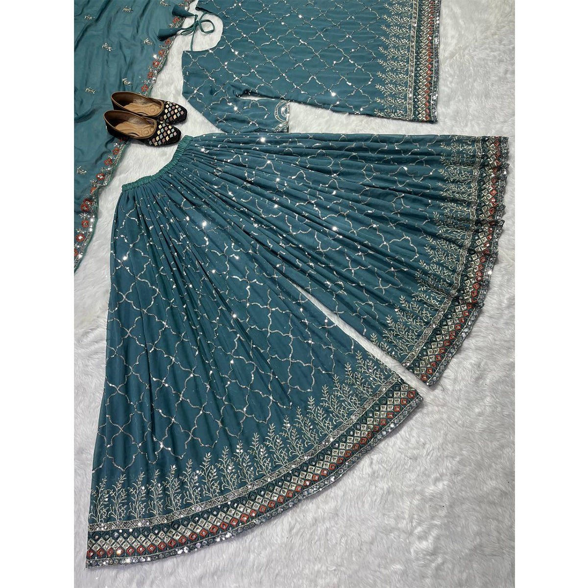 Shafnufab Women's Georgette Stitched Dhoti Suit(XL Size) In Blue Colour SF201428