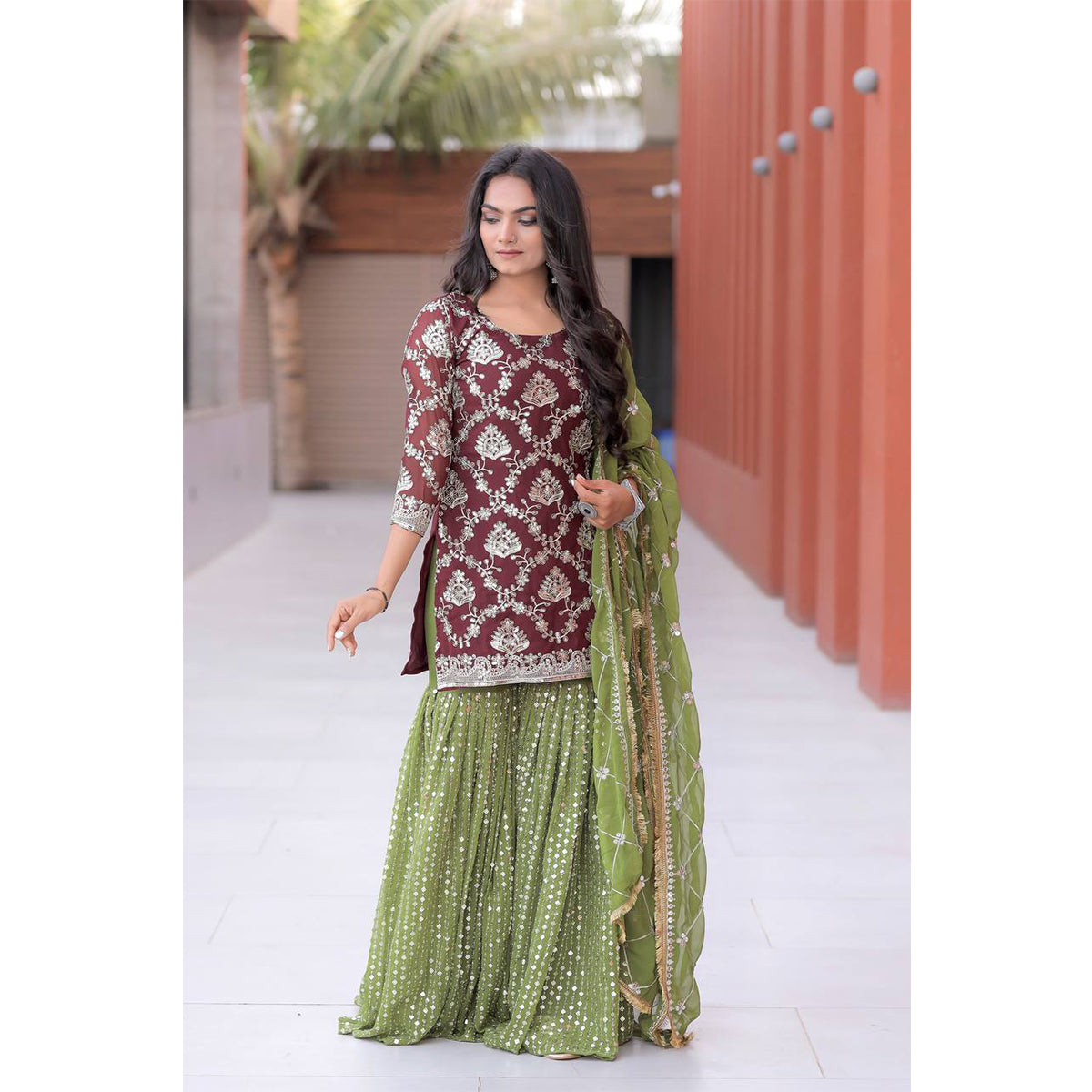Shafnufab Women's Georgette Stitched Dhoti Suit(XL Size) In Purple Colour SF201429
