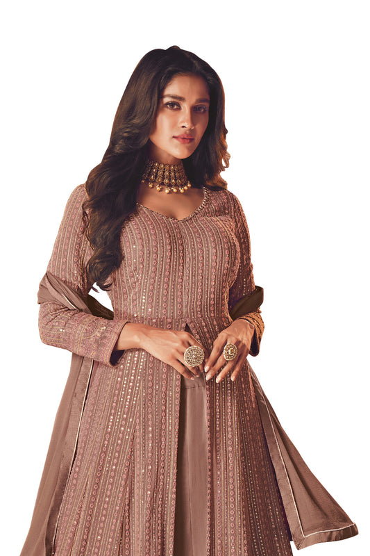 SHAFNUFAB Women's Georgette Ethnic Wear for WomenSemi StitchedSalwarSuit SF201436 Diwali Outfit Bridal Beige Colour Indian CasualWearSalwarSuit IN Eid