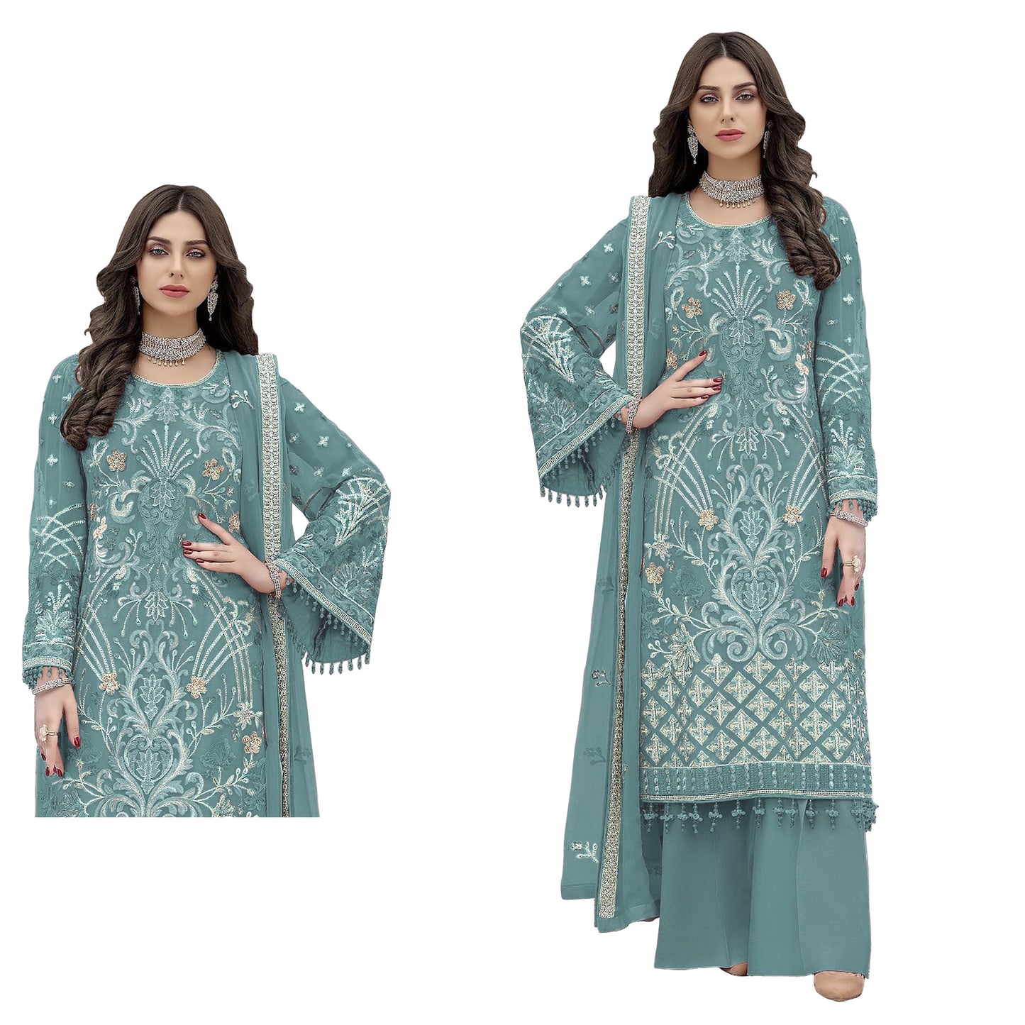 SHAFNUFAB Women's Georgette Ethnic Wear for WomenSemi StitchedSalwarSuit SF201438 Diwali Outfit Bridal Light Blue Colour Indian CasualWearSalwarSuit IN Eid