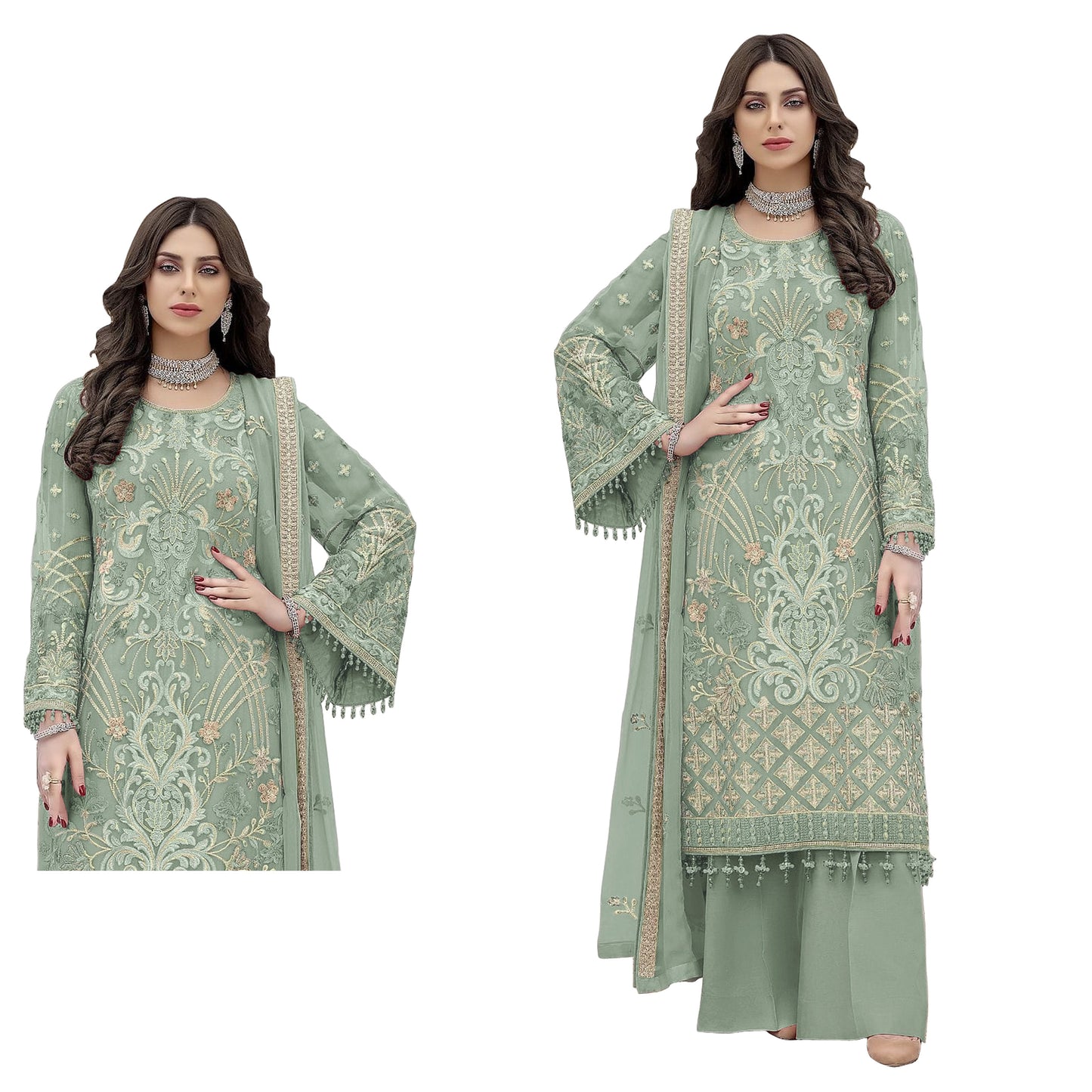 Shafnufab Party Special Green Embroidery Work Palazzo Suit SF201439