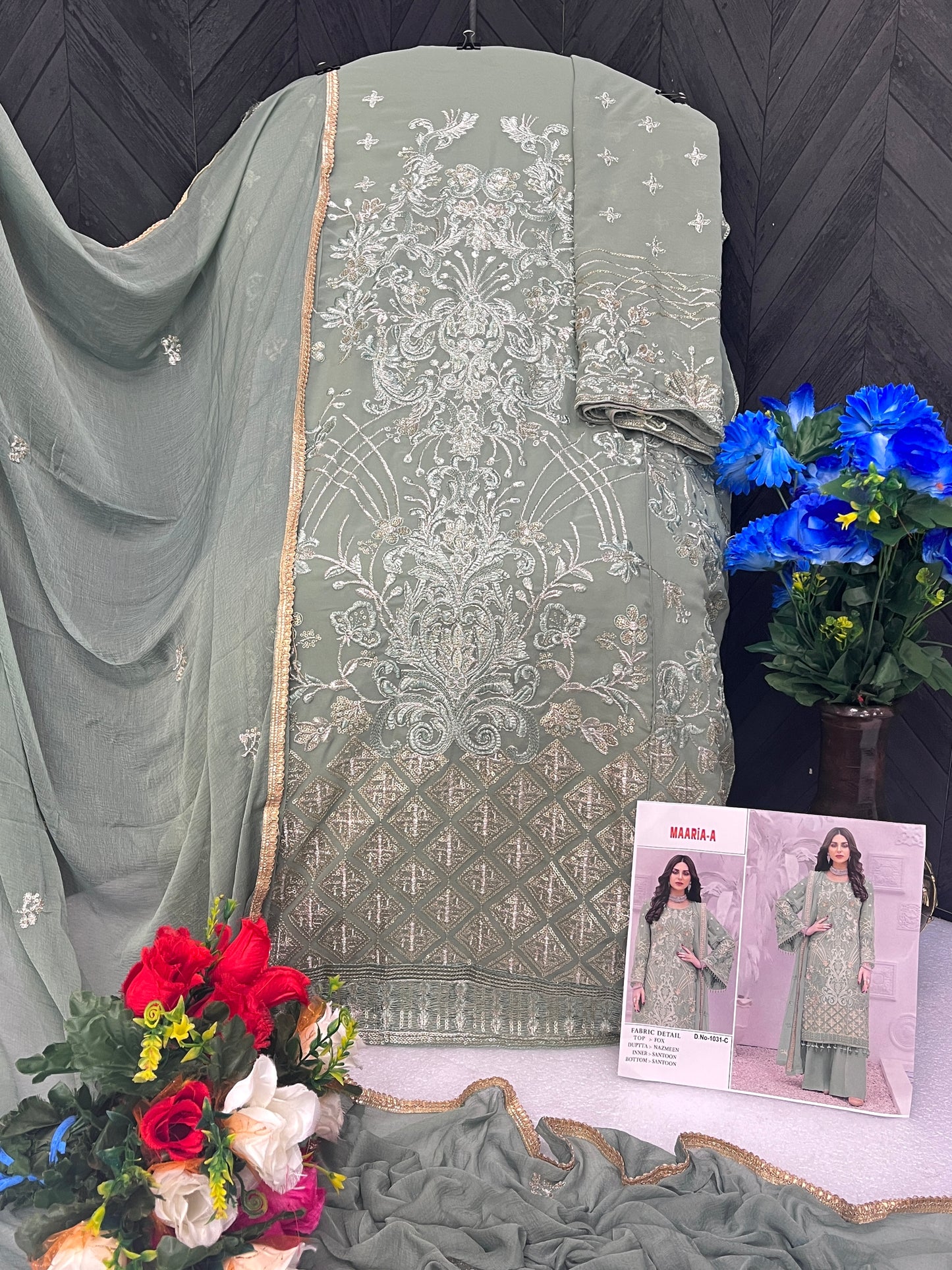 Shafnufab Party Special Green Embroidery Work Palazzo Suit SF201439