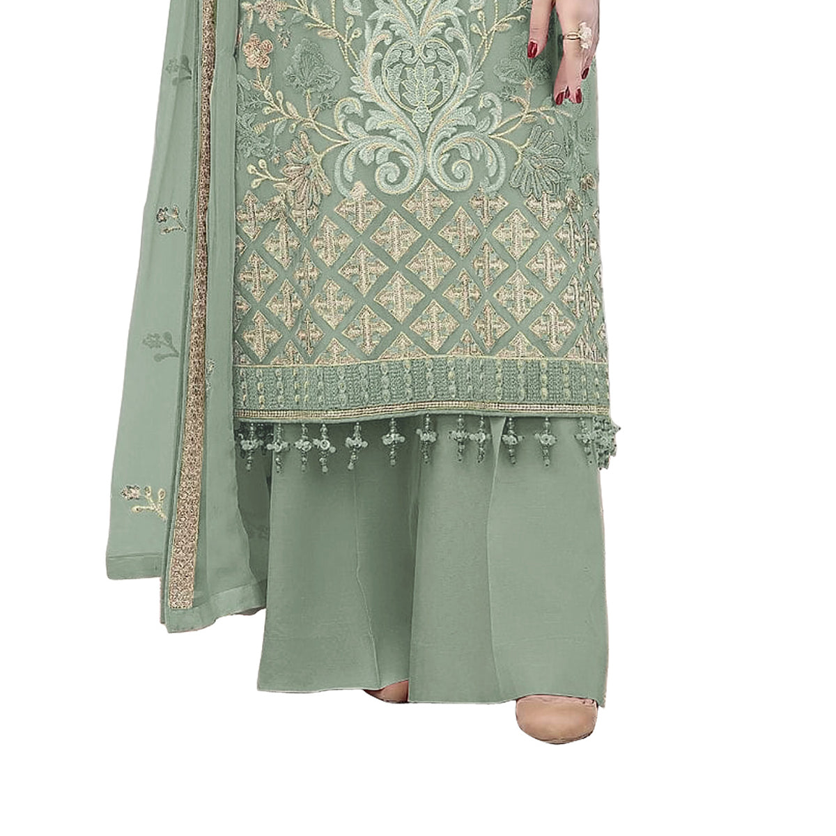 Shafnufab Party Special Green Embroidery Work Palazzo Suit SF201439