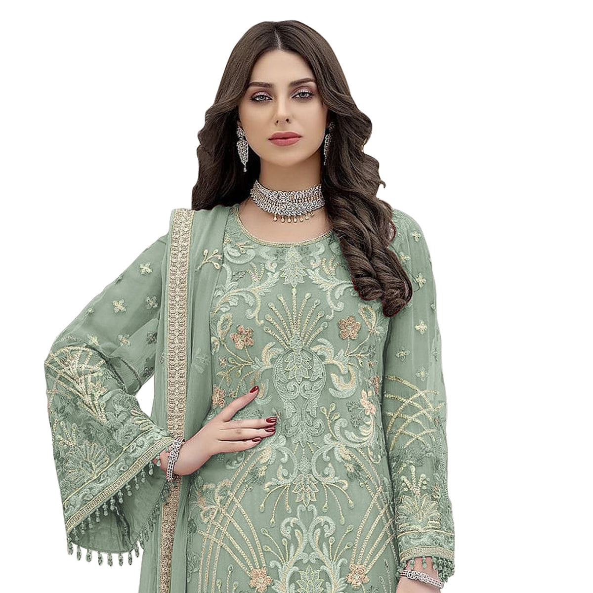 Shafnufab Party Special Green Embroidery Work Palazzo Suit SF201439