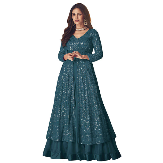 SHAFNUFAB Women's Georgette Ethnic Wear for WomenSemi StitchedSalwarSuit SF201445 Diwali Outfit Bridal Light Blue Colour Indian CasualWearSalwarSuit IN Eid