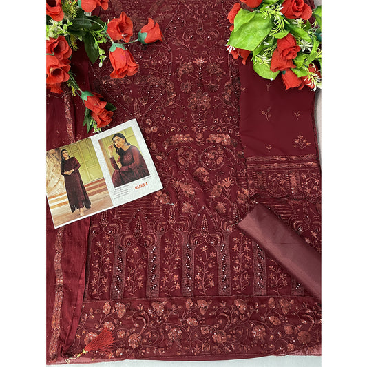 SHAFNUFAB Women's Georgette Ethnic Wear for WomenSemi StitchedSalwarSuit SF201449 Diwali Outfit Bridal Maroon Colour Indian CasualWearSalwarSuit IN Eid