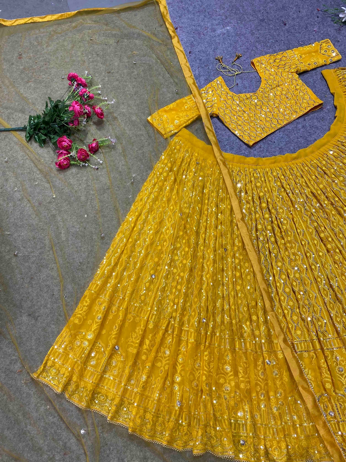 SHAFNUFAB Women's Georgette Semi Stitched lehengacholi SF201455 Diwali Outfit Embroidered lehengacholi Set Yellow1 Colour Indian Heavy Lehenga