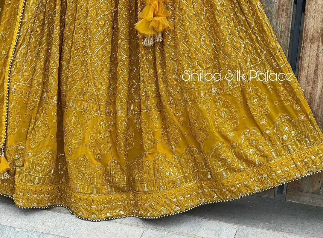 SHAFNUFAB Women's Georgette Semi Stitched lehengacholi SF201455 Diwali Outfit Embroidered lehengacholi Set Yellow1 Colour Indian Heavy Lehenga