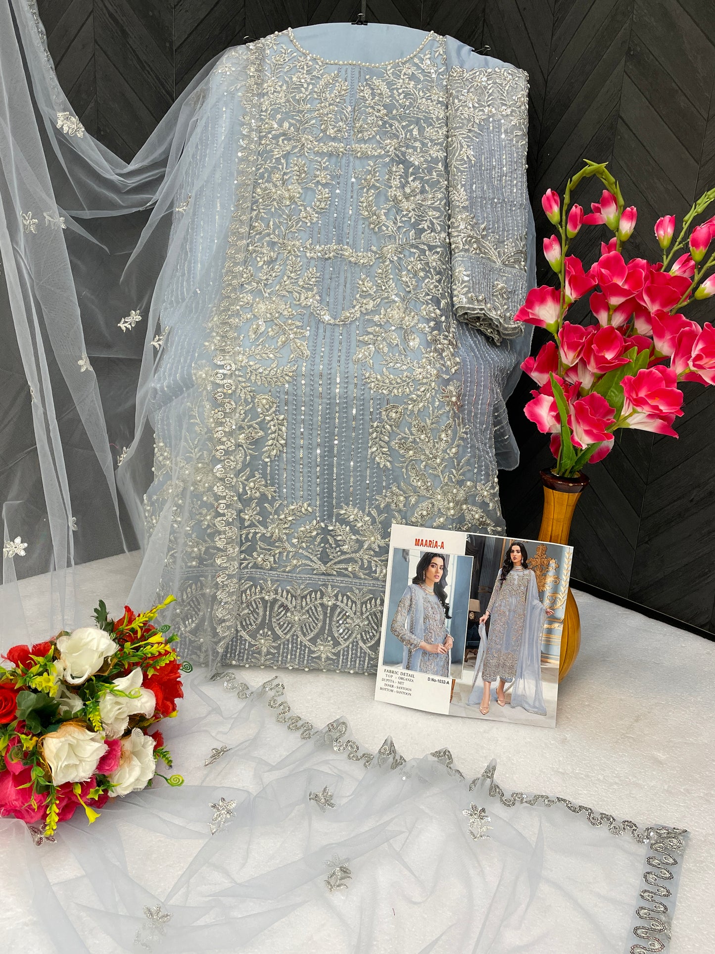 Shafnufab net with soft silk inner semi stitched embroidery and hand work multi color designer pakistani salwar suit
