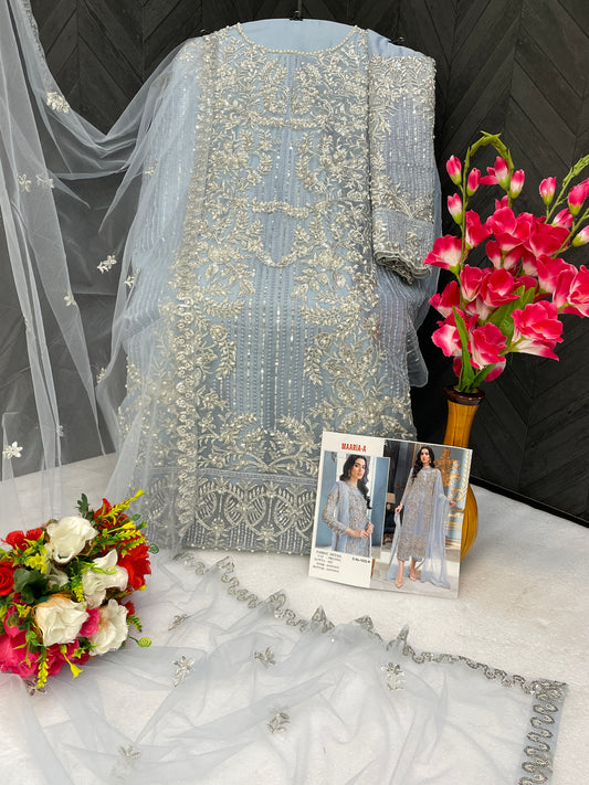 SHAFNUFAB Women's Organza Ethnic Wear for WomenSemi StitchedSalwarSuit SF201457 Diwali Outfit Bridal Light Blue Colour Indian CasualWearSalwarSuit IN Eid