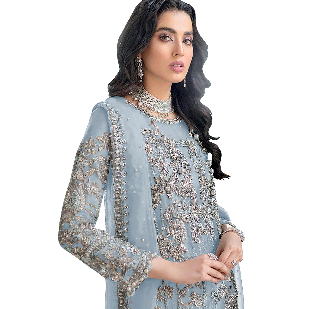 Shafnufab net with soft silk inner semi stitched embroidery and hand work multi color designer pakistani salwar suit