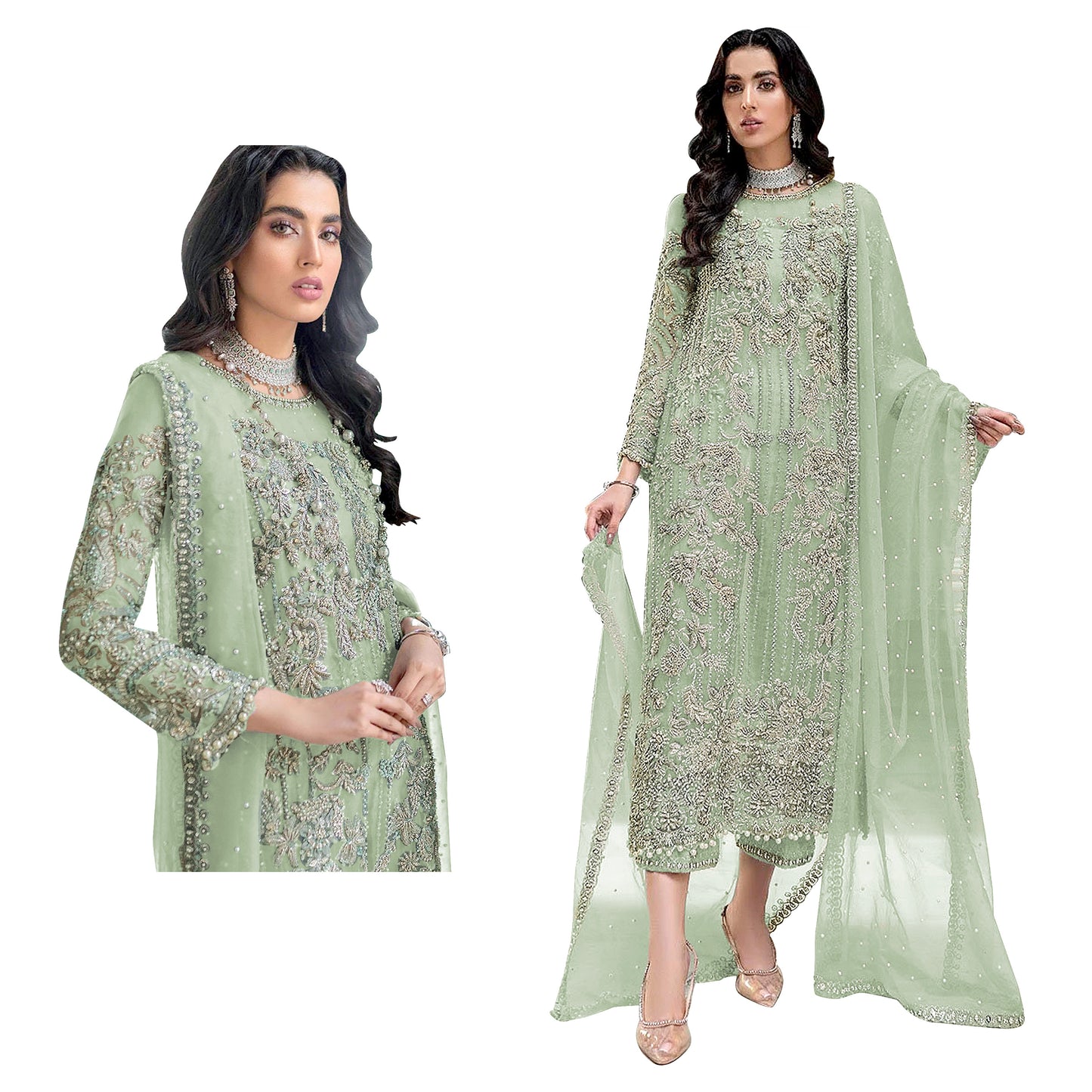 Shafnufab net with soft silk inner semi stitched embroidery and hand work multi color designer pakistani salwar suit
