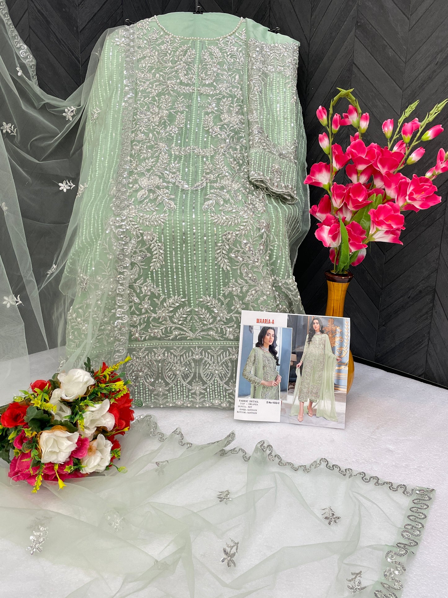 Shafnufab net with soft silk inner semi stitched embroidery and hand work multi color designer pakistani salwar suit