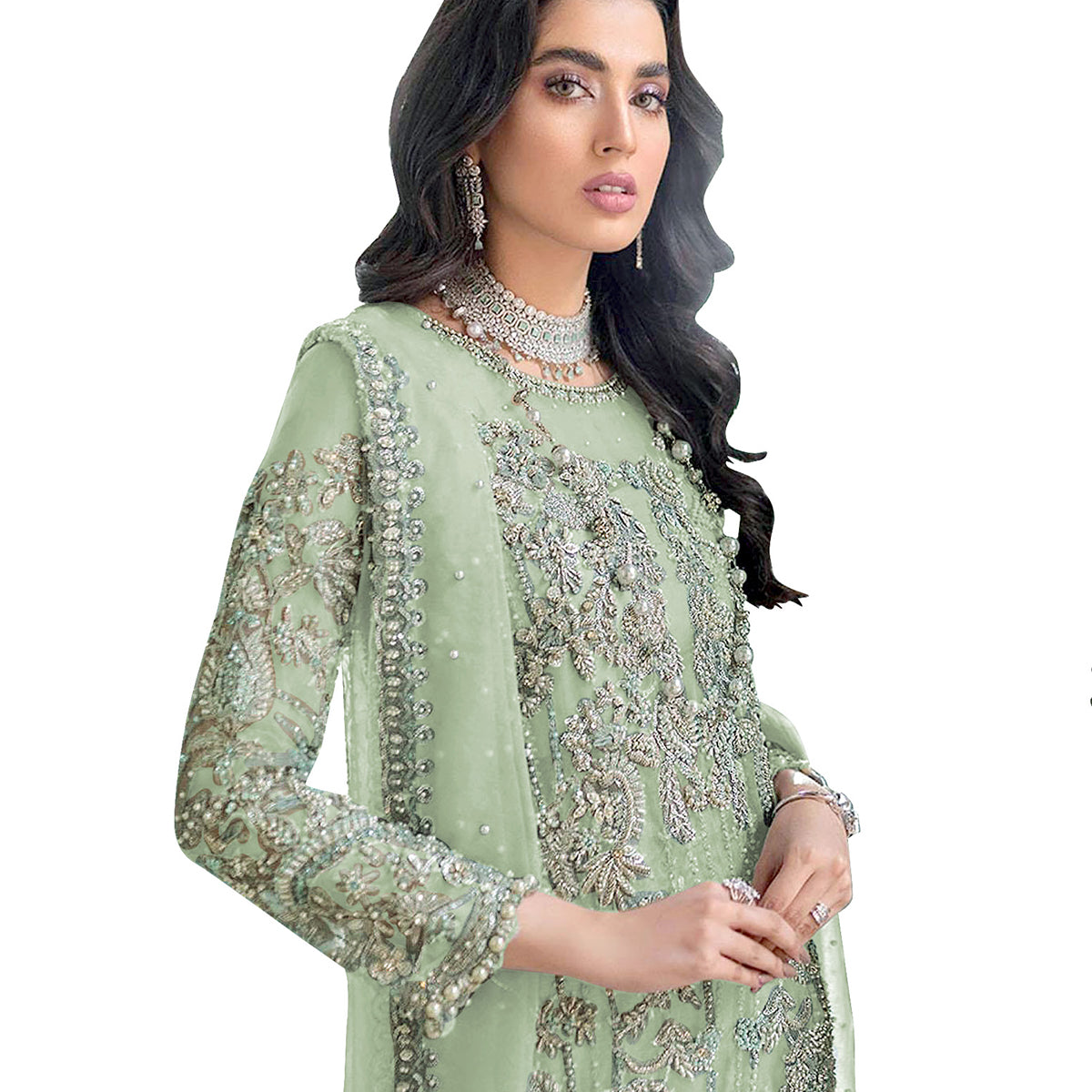 Shafnufab net with soft silk inner semi stitched embroidery and hand work multi color designer pakistani salwar suit