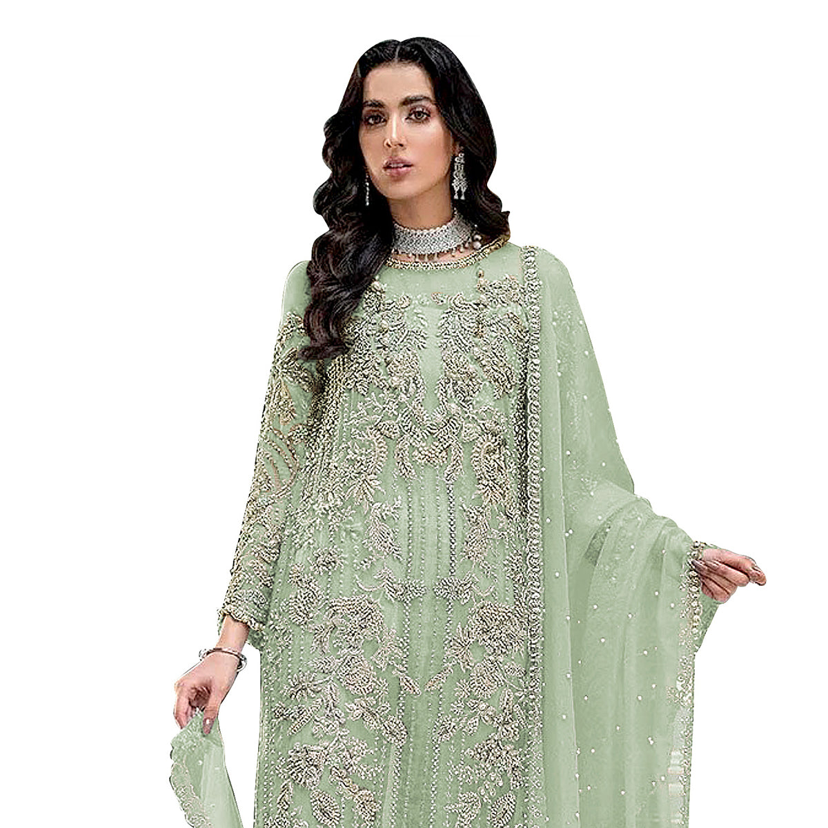 Shafnufab net with soft silk inner semi stitched embroidery and hand work multi color designer pakistani salwar suit