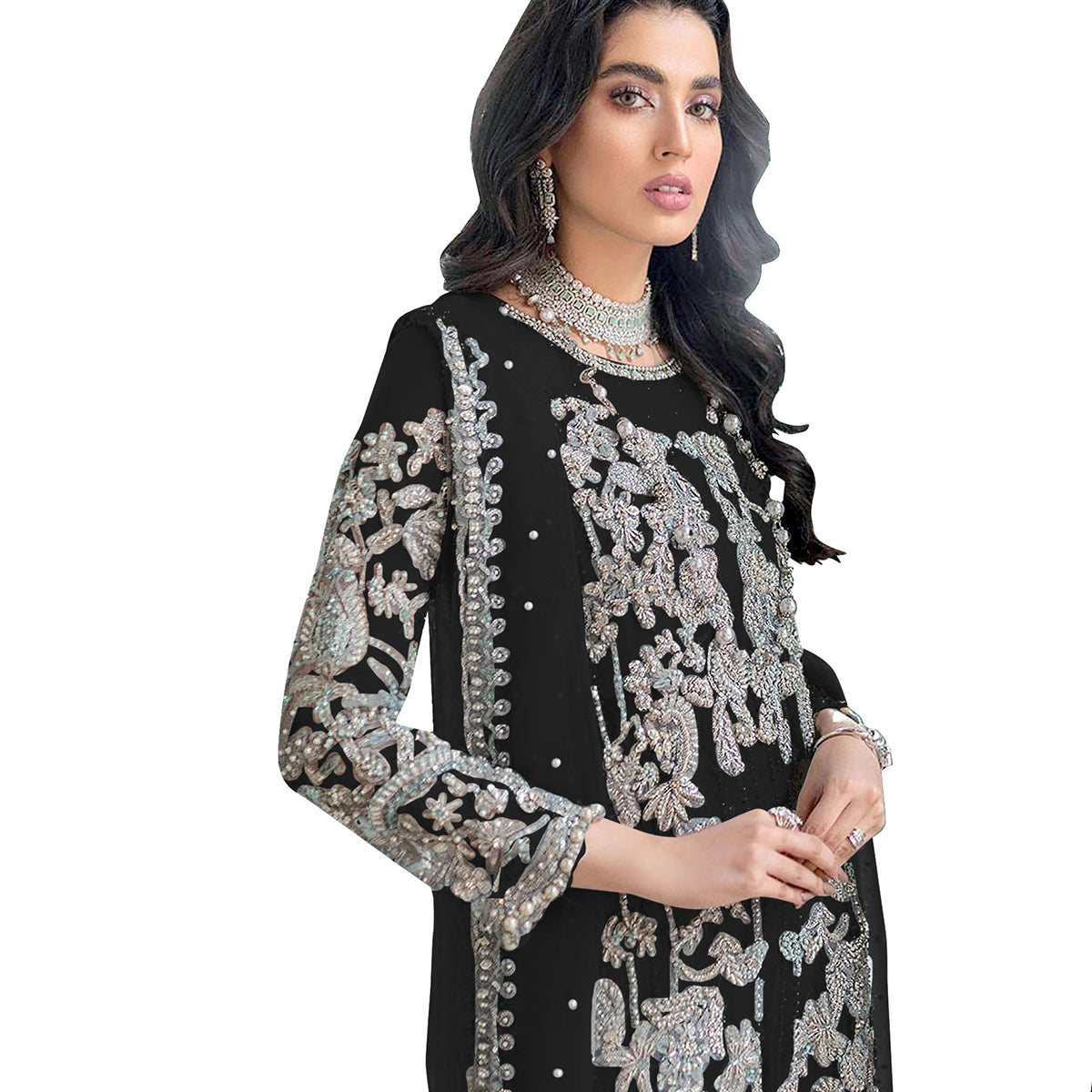 SHAFNUFAB Women's Organza Ethnic Wear for WomenSemi StitchedSalwarSuit SF201460 Diwali Outfit Bridal Black Colour Indian CasualWearSalwarSuit IN Eid
