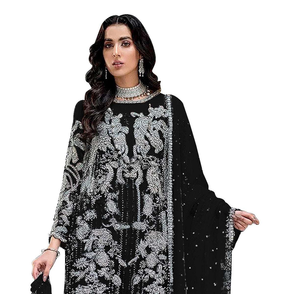 SHAFNUFAB Women's Organza Ethnic Wear for WomenSemi StitchedSalwarSuit SF201460 Diwali Outfit Bridal Black Colour Indian CasualWearSalwarSuit IN Eid