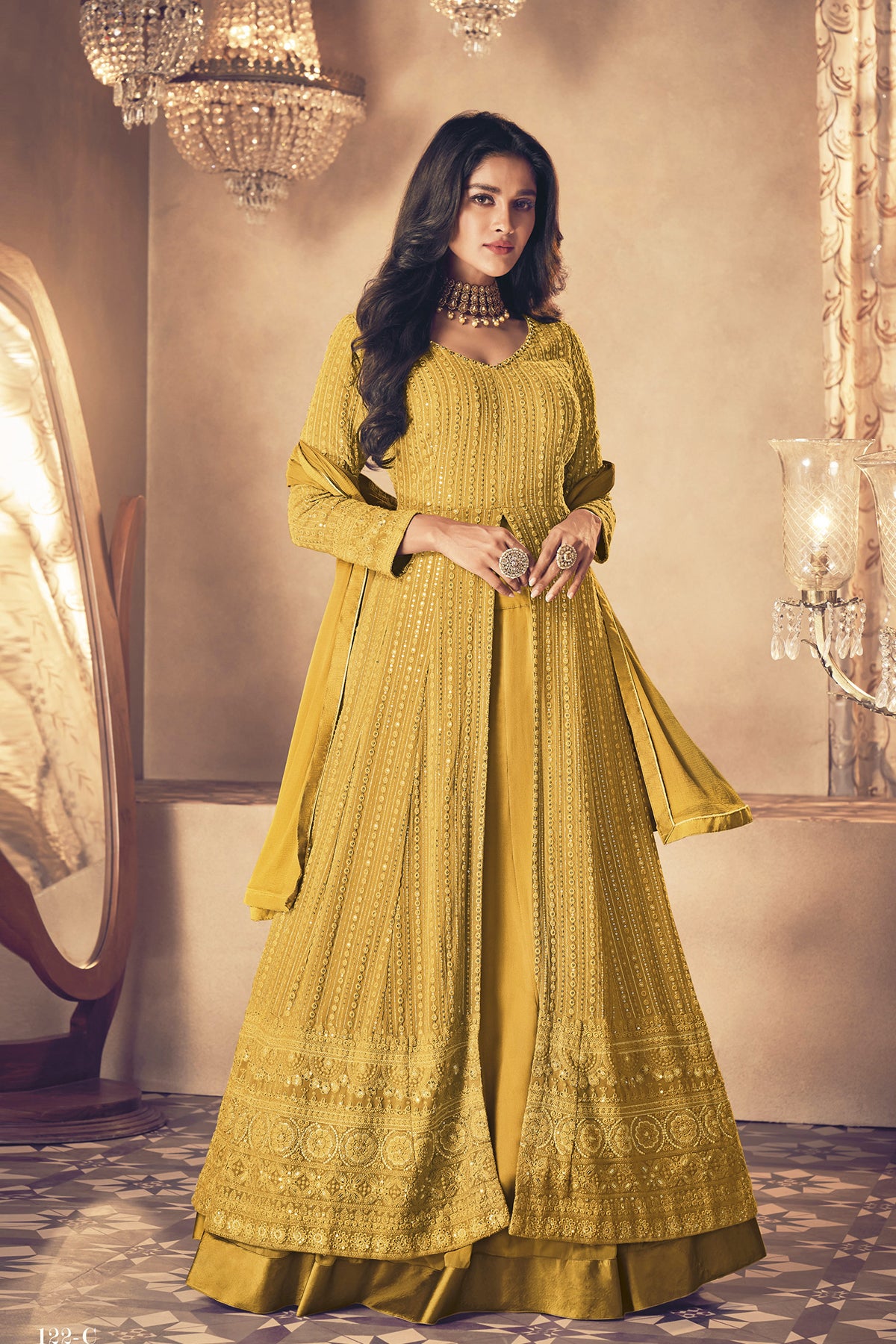 SHAFNUFAB Women's Georgette Ethnic Wear for WomenSemi StitchedSalwarSuit SF201461 Diwali Outfit Bridal Yellow Colour Indian CasualWearSalwarSuit IN Eid