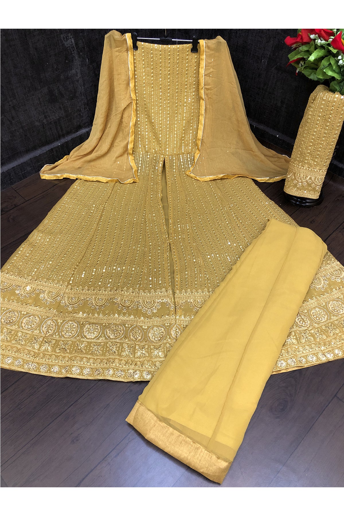 SHAFNUFAB Women's Georgette Ethnic Wear for WomenSemi StitchedSalwarSuit SF201461 Diwali Outfit Bridal Yellow Colour Indian CasualWearSalwarSuit IN Eid
