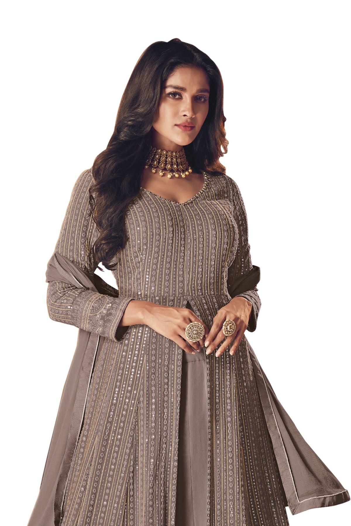 SHAFNUFAB Women's Georgette Ethnic Wear for WomenSemi StitchedSalwarSuit SF201462 Diwali Outfit Bridal Grey Colour Indian CasualWearSalwarSuit IN Eid
