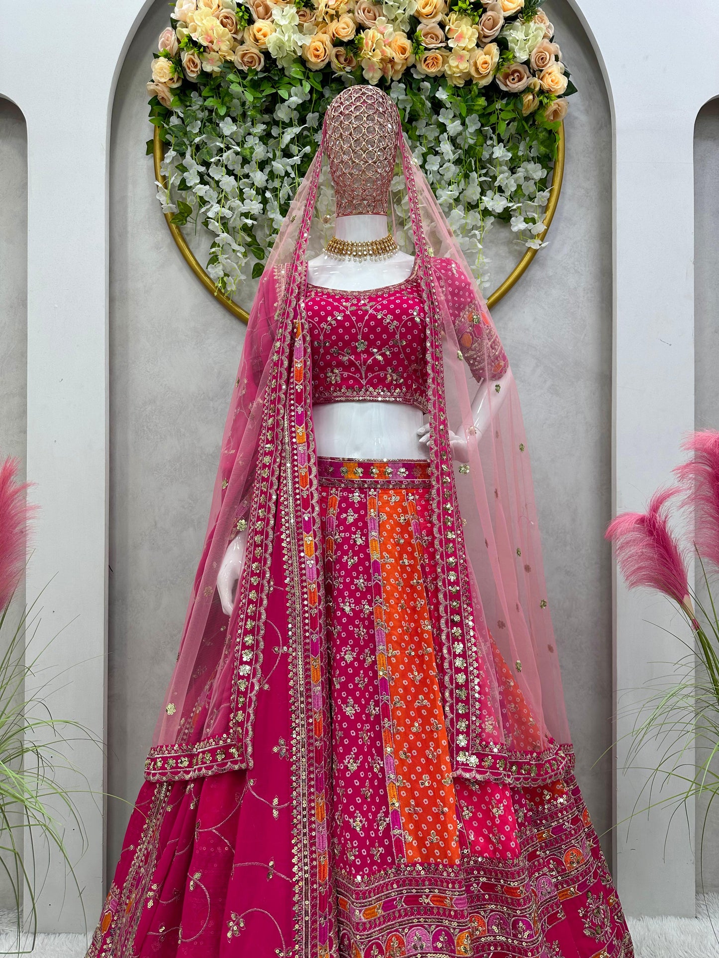 SHAFNUFAB Women's Gorgette Semi Stitched lehengacholi SF201463 Diwali Outfit Embroidered lehengacholi Set Pink Colour Indian Heavy Lehenga