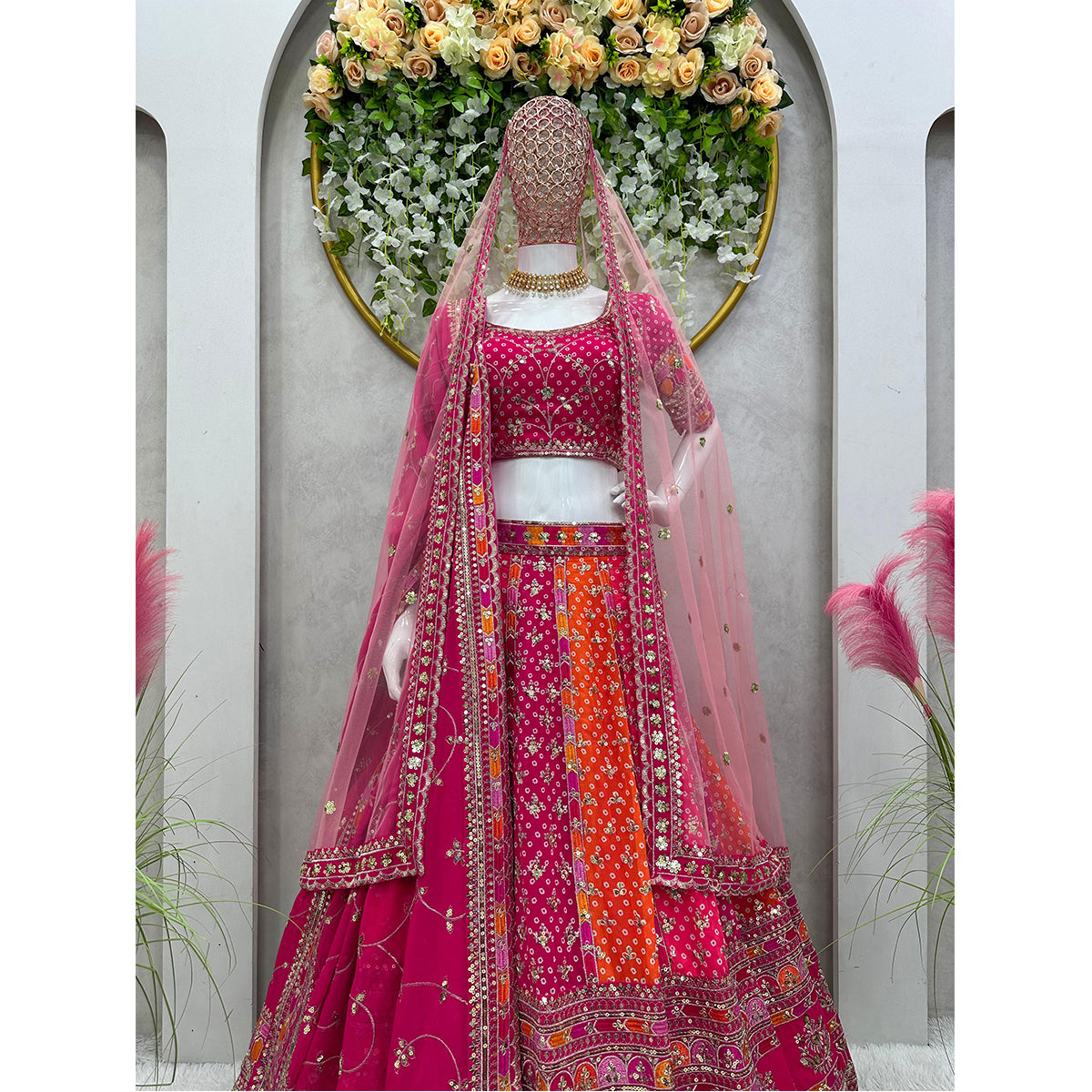 SHAFNUFAB Women's Gorgette Semi Stitched lehengacholi SF201463 Diwali Outfit Embroidered lehengacholi Set Pink Colour Indian Heavy Lehenga