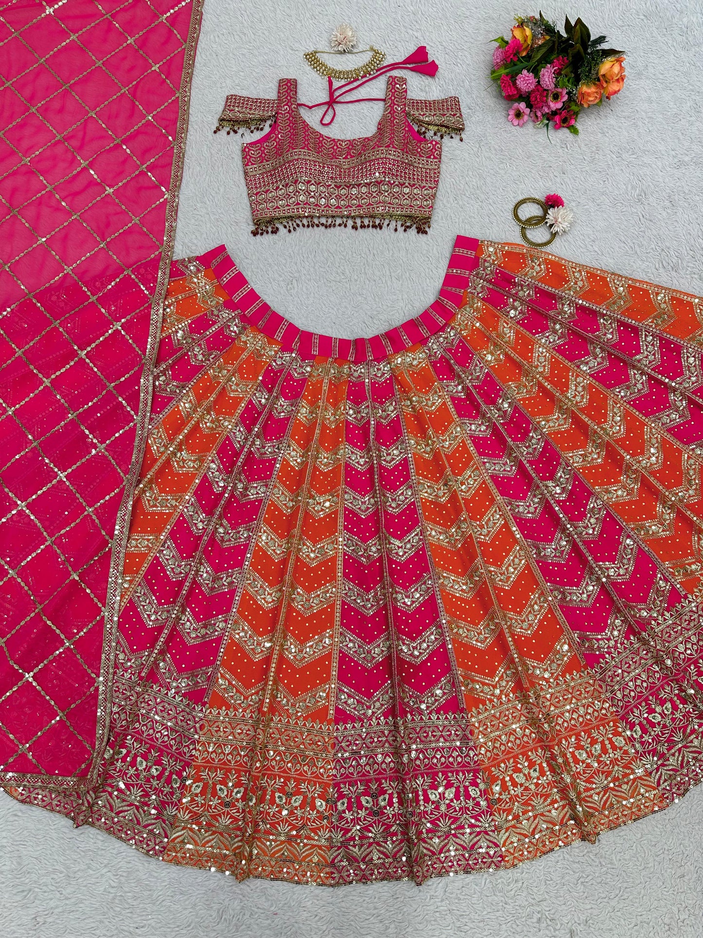 SHAFNUFAB Women's Gorgette Semi Stitched lehengacholi SF201464 Diwali Outfit Embroidered lehengacholi Set Orange Colour Indian Heavy Lehenga
