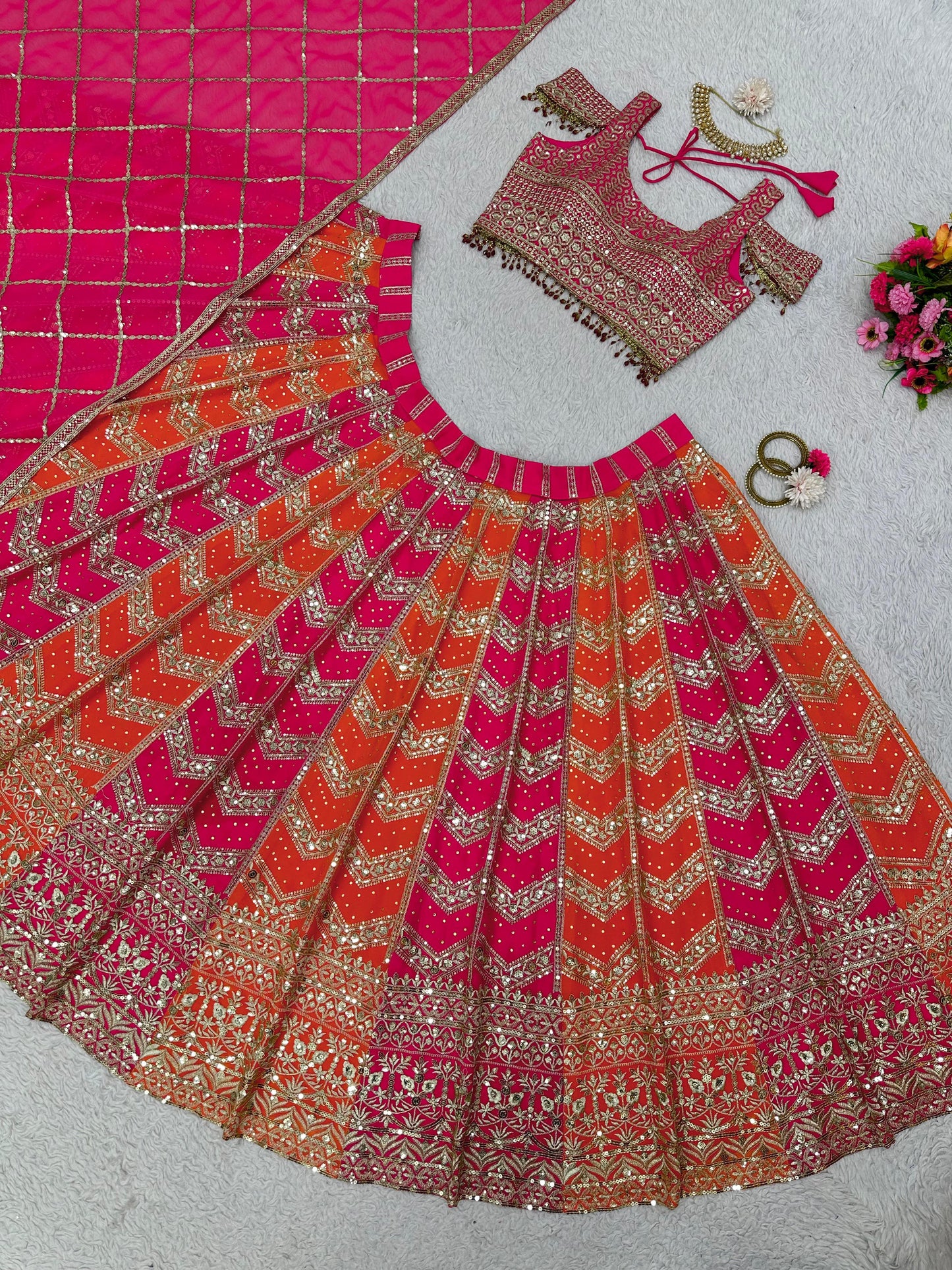 SHAFNUFAB Women's Gorgette Semi Stitched lehengacholi SF201464 Diwali Outfit Embroidered lehengacholi Set Orange Colour Indian Heavy Lehenga