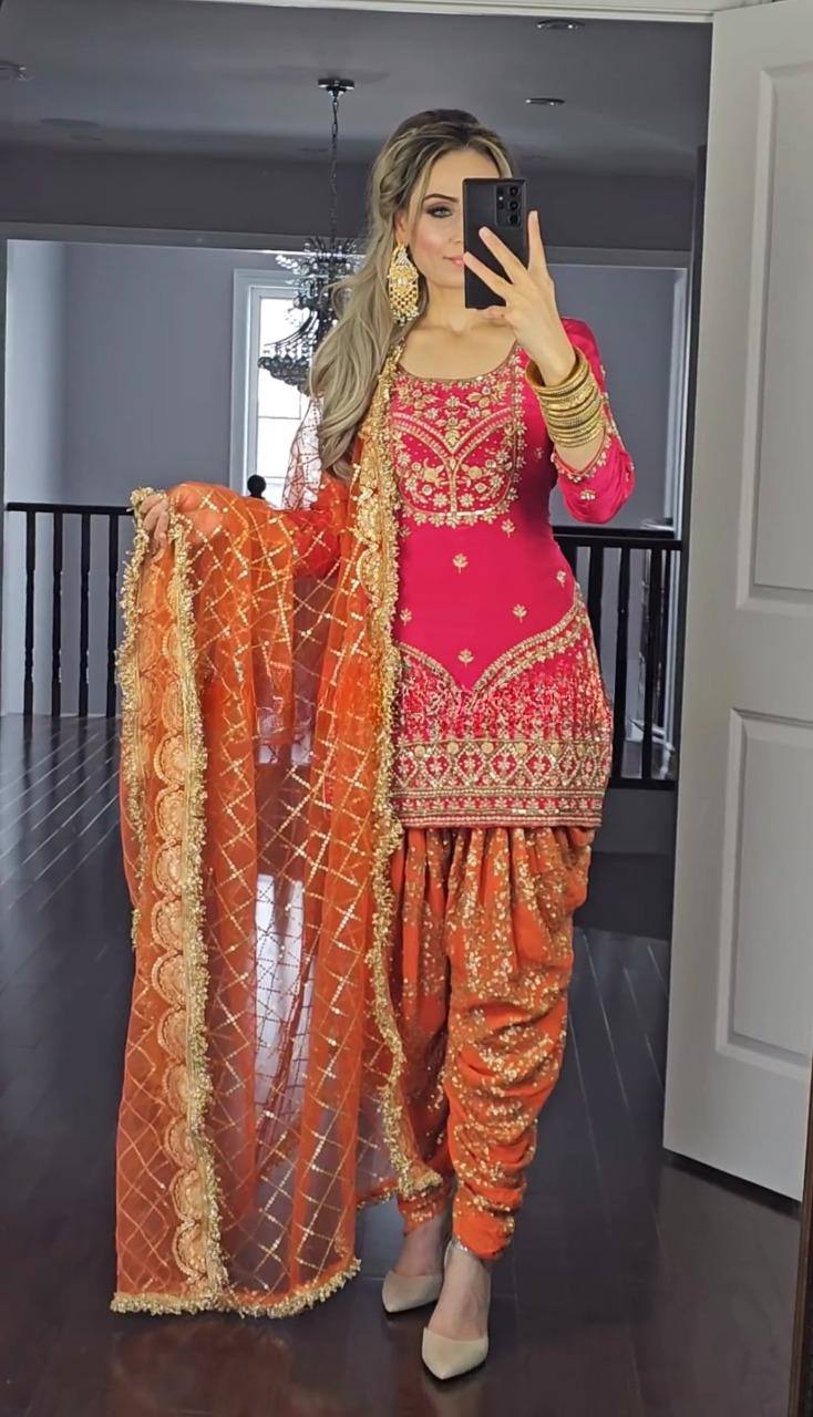 Shafnufab Women's Georgette Stitched Dhoti Suit(XL Size) In Green Colour SF201468