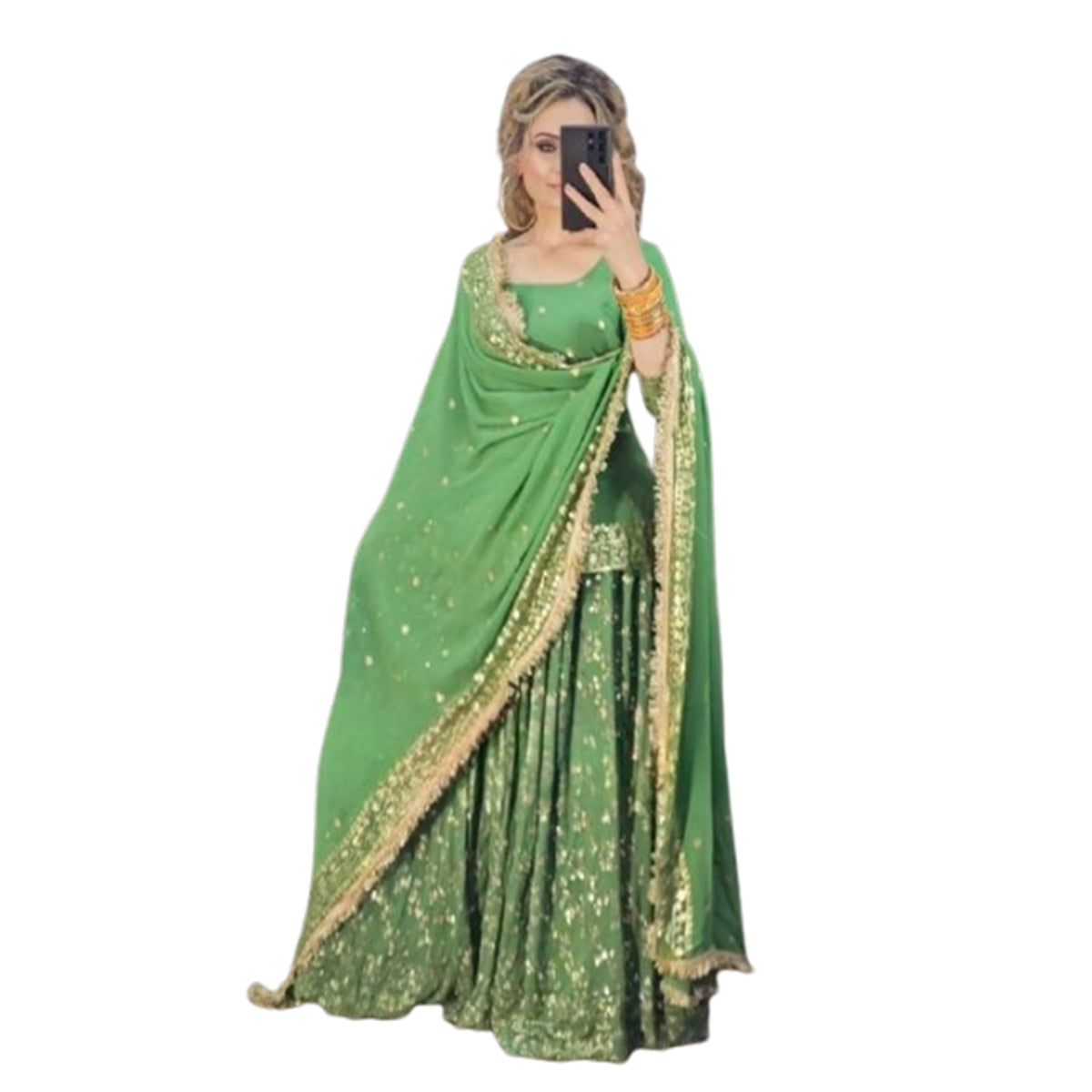 Shafnufab Women's Georgette Pretty Green Color Sequence Work Lehenga Suit (XL Size) In Light Green Colour SF201469