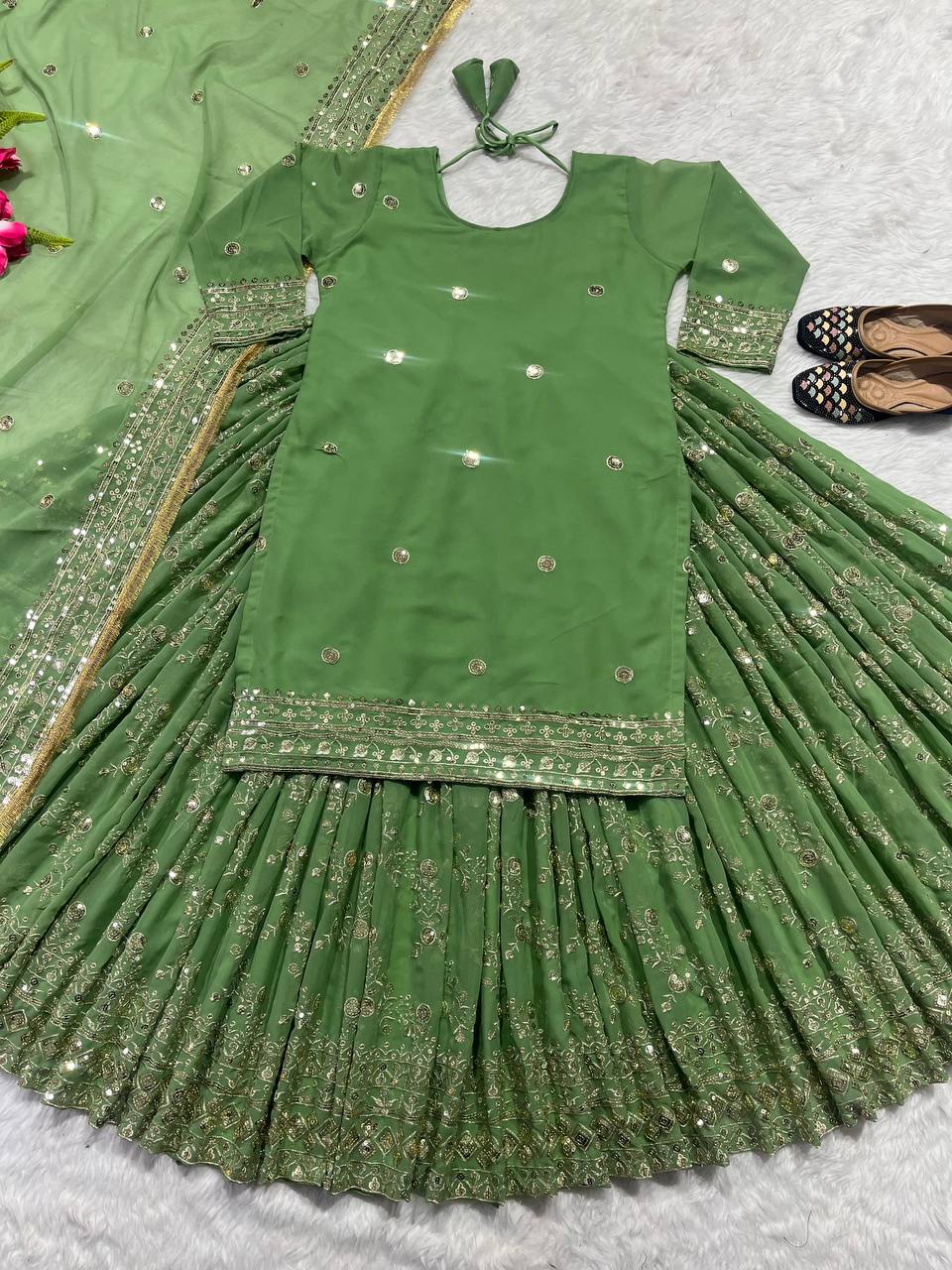 Shafnufab Women's Georgette Pretty Green Color Sequence Work Lehenga Suit (XL Size) In Light Green Colour SF201469